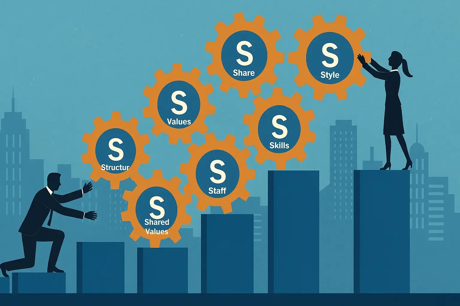 Grafische Darstellung der 7-S-Elemente mit Zahnrädern, die Struktur, Werte, Skills und andere Aspekte der Unternehmensführung symbolisieren.