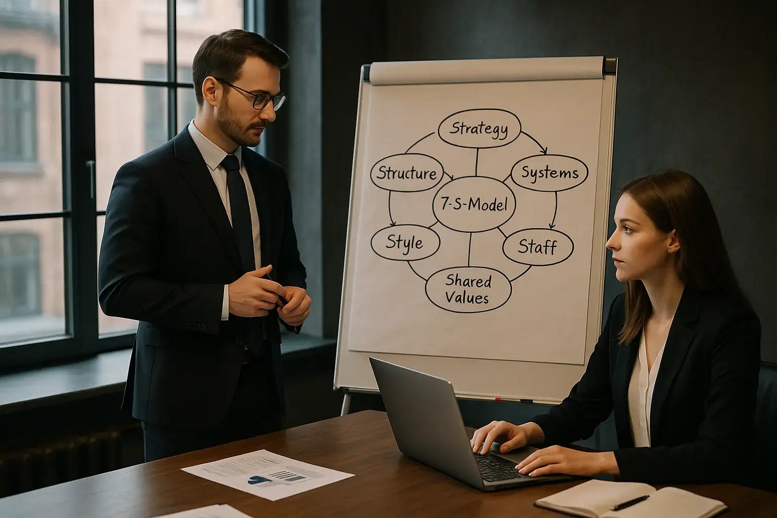 Professionelle Präsentation des 7-S-Modells in einem modernen Büro, dargestellt durch einen Mann und eine Frau, die strategische Konzepte diskutieren.