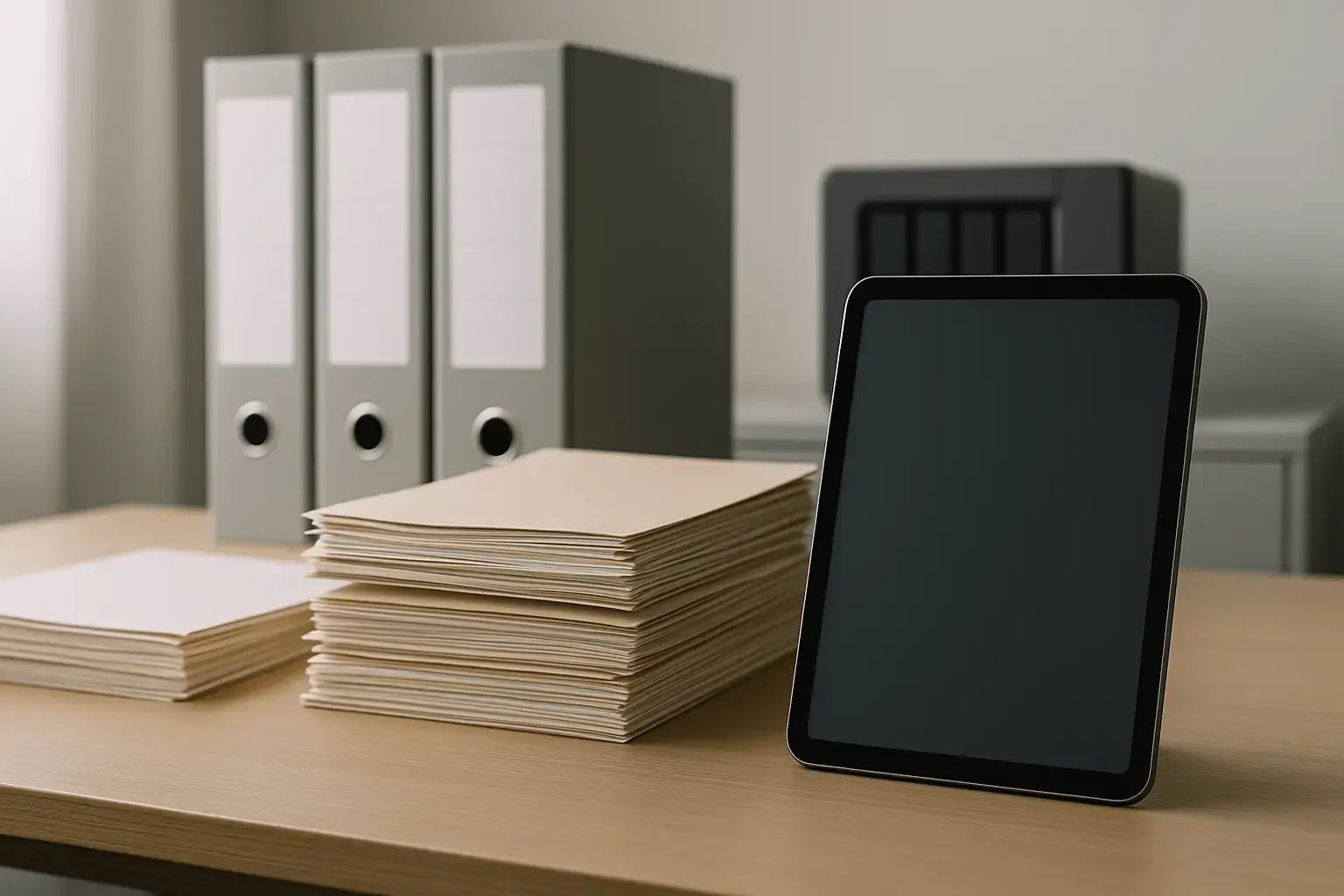 Moderner Büroarbeitsplatz mit strukturierten Dokumenten und digitalen Speichersystemen für Rechnungsverwaltung