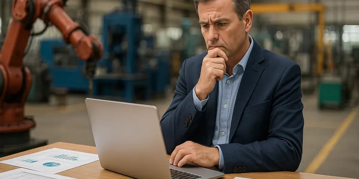 Geschäftsmann im Anzug analysiert Daten auf einem Laptop in einer Produktionshalle mit Roboterarm im Hintergrund.