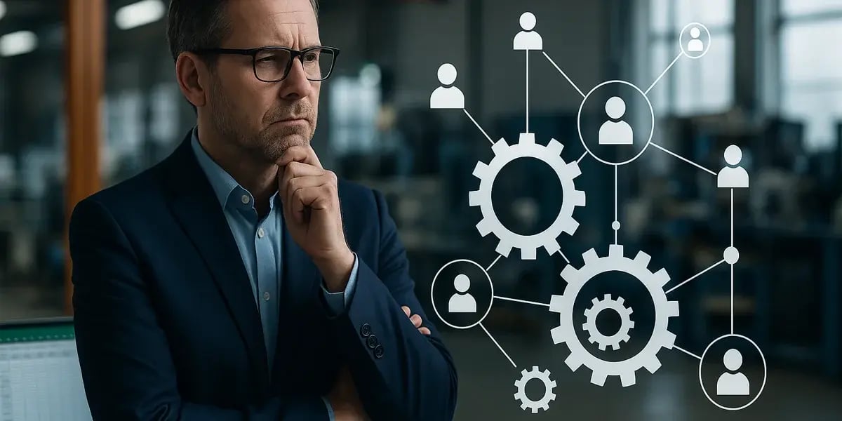 Nachdenklicher Manager mit Diagramm aus Zahnrädern und vernetzten Symbolen für Mitarbeiter in einer Industrieumgebung.