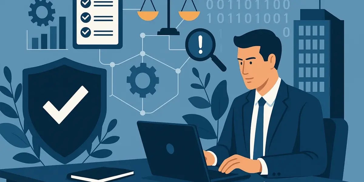 Illustration eines Geschäftsmanns am Laptop mit Symbolen für Compliance, Datensicherheit und digitale Prüfprozesse.