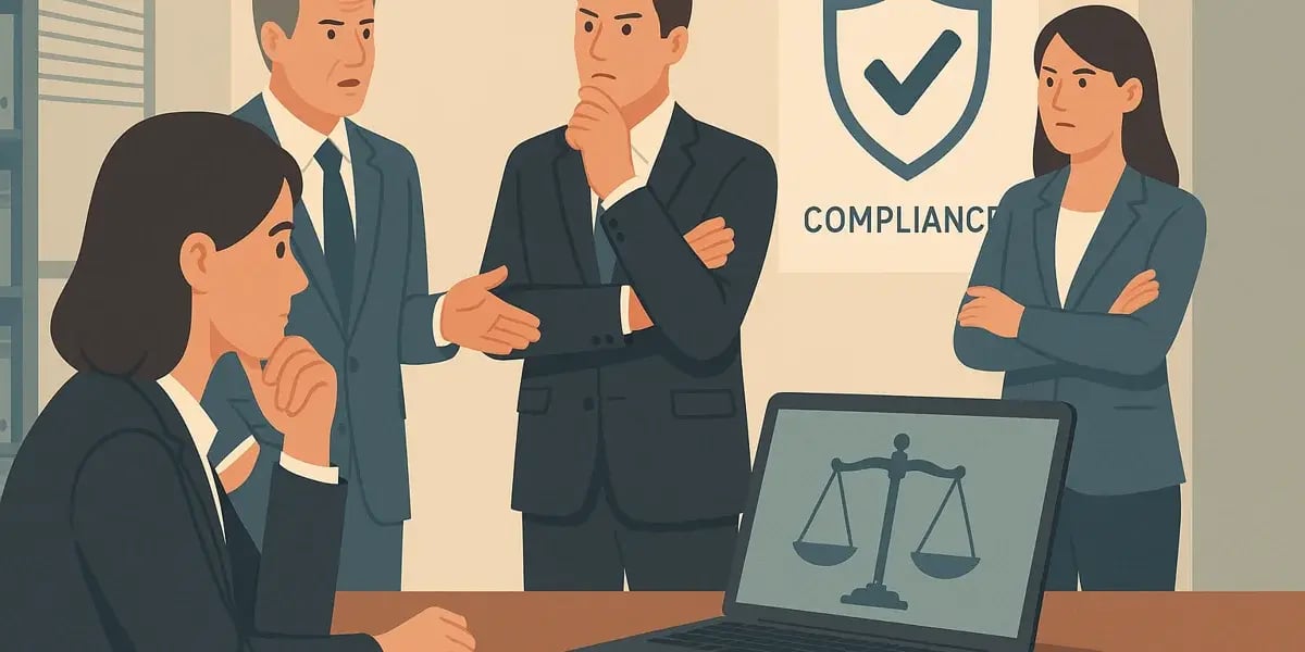 Illustration einer Geschäftsrunde, die über Compliance und rechtliche Vorgaben diskutiert, mit Symbolen für Recht und Sicherheit.