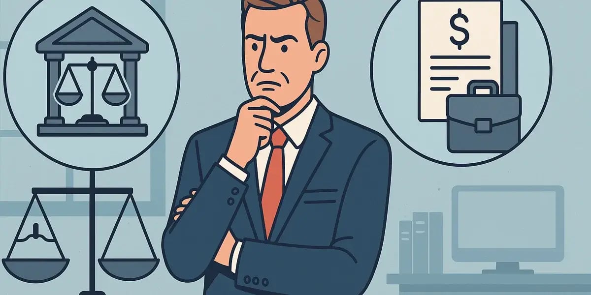 Illustration eines nachdenklichen Geschäftsmanns mit Symbolen für Recht, Finanzen und Unternehmensdokumente.