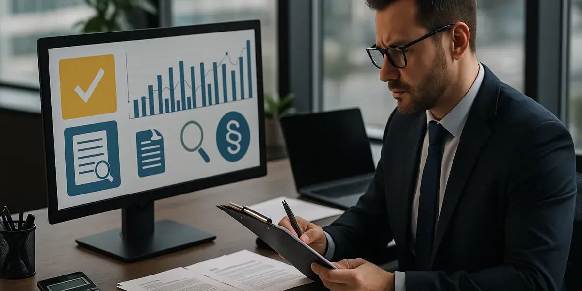 Geschäftsmann überprüft Unterlagen vor einem Monitor mit Symbolen für Compliance, Recht und Datenanalyse.