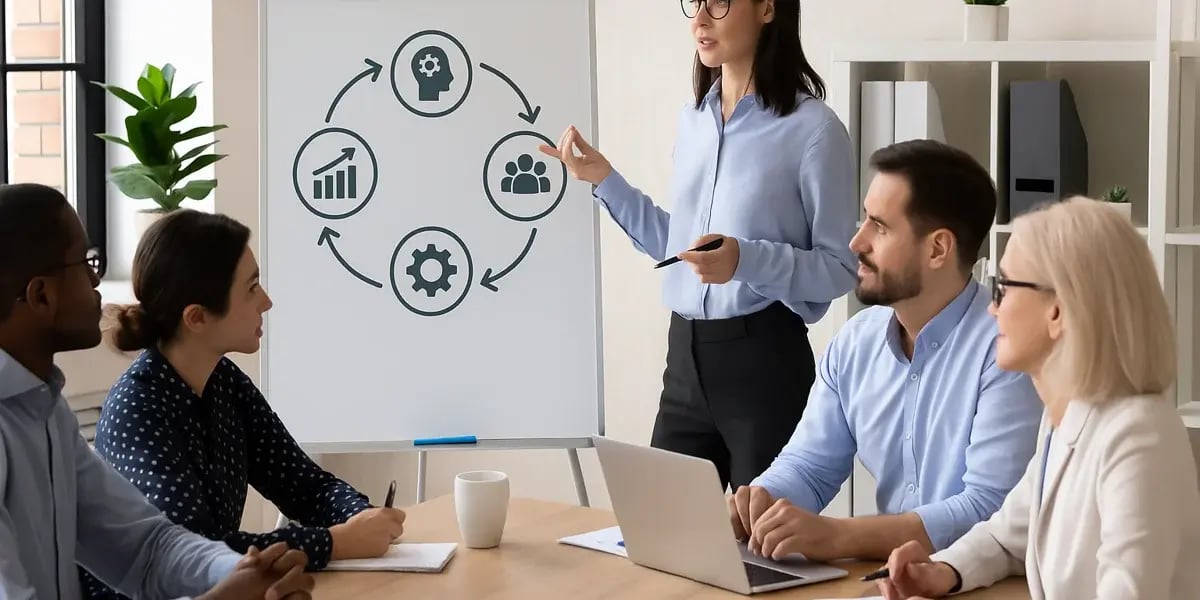 Teammeeting mit Frau, die an einem Whiteboard Geschäftsprozesse und Teamstrukturen erklärt.