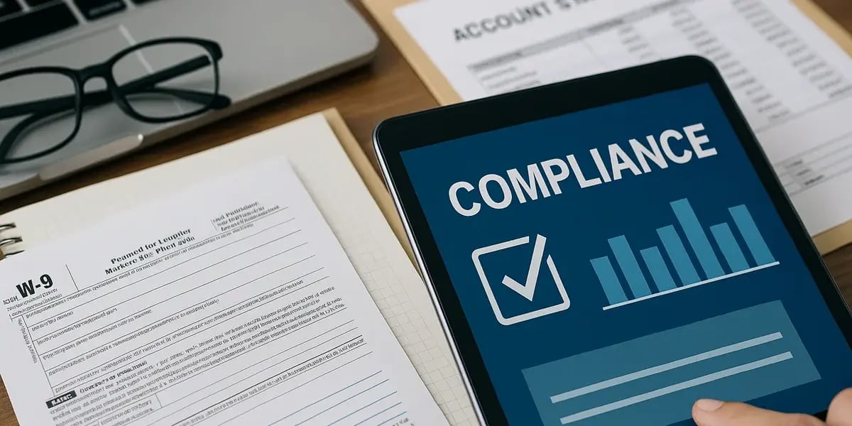 Tablet mit Compliance-Dashboard neben Formularen und Laptop auf einem Schreibtisch.