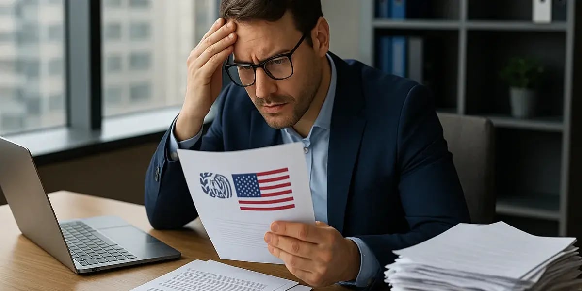 Geschäftsmann liest besorgt ein Dokument mit US-Flagge, Stapel von Papieren liegt neben ihm.