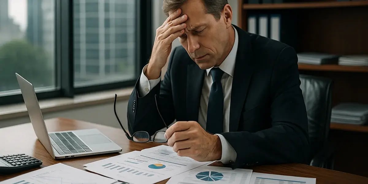 Geschäftsmann sitzt gestresst am Schreibtisch mit Finanzdokumenten und Laptop, stützt den Kopf auf die Hand.