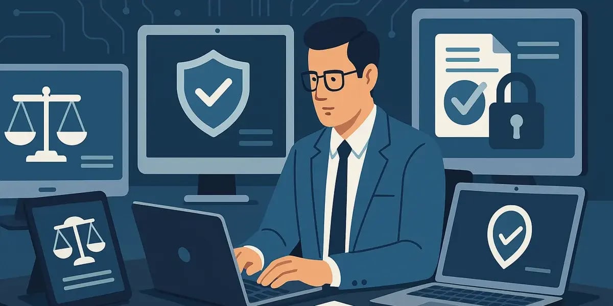 Illustration eines Geschäftsmanns mit Laptop, umgeben von Monitoren mit Symbolen für Datenschutz, Recht und Sicherheit.