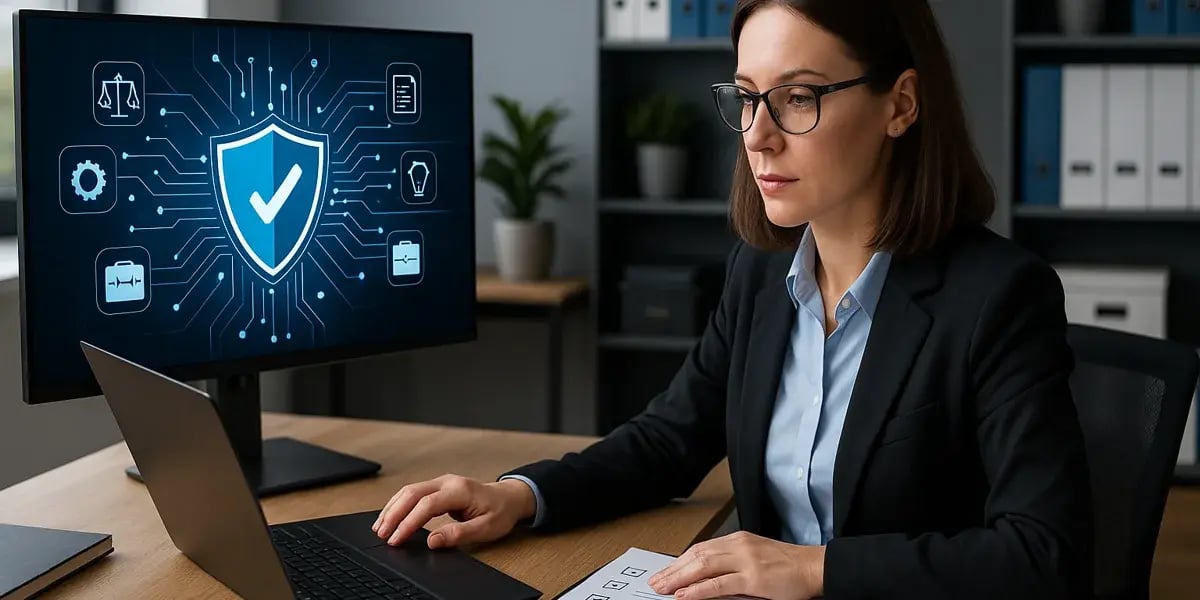 Geschäftsfrau arbeitet am Laptop, daneben Monitor mit Symbolen für Datenschutz und digitale Sicherheit.