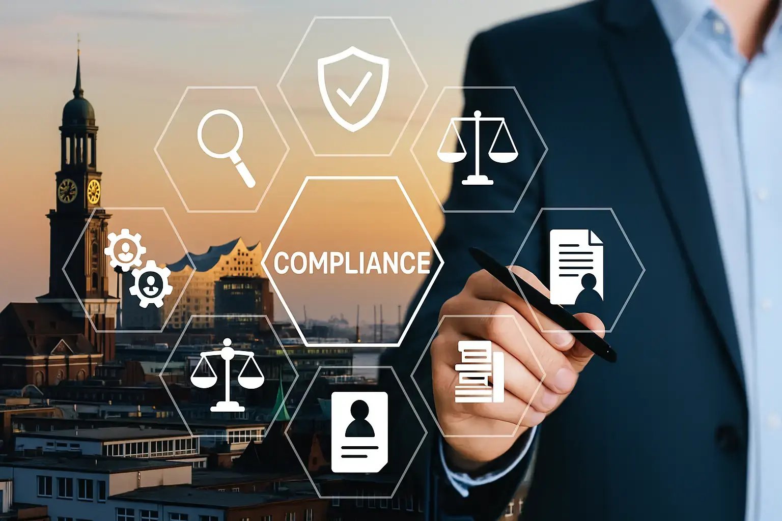 Hand eines Geschäftsmanns, der Symbole für Compliance, Datenschutz und Recht vor einer Stadtansicht berührt.