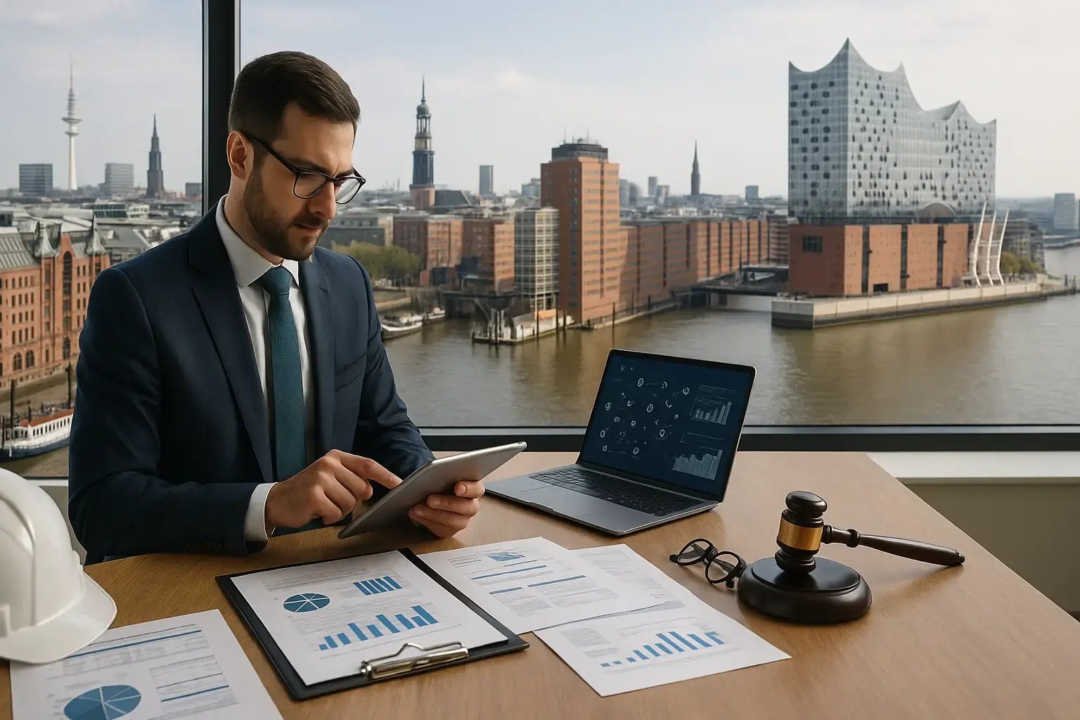 Geschäftsmann mit Tablet und Diagrammen am Schreibtisch, im Hintergrund die Elbphilharmonie und Hamburger Skyline.