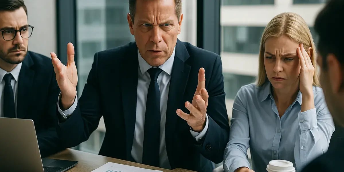 Manager gestikuliert verärgert in einem Meeting, während Kollegen besorgt auf Diagramme und Berichte schauen.