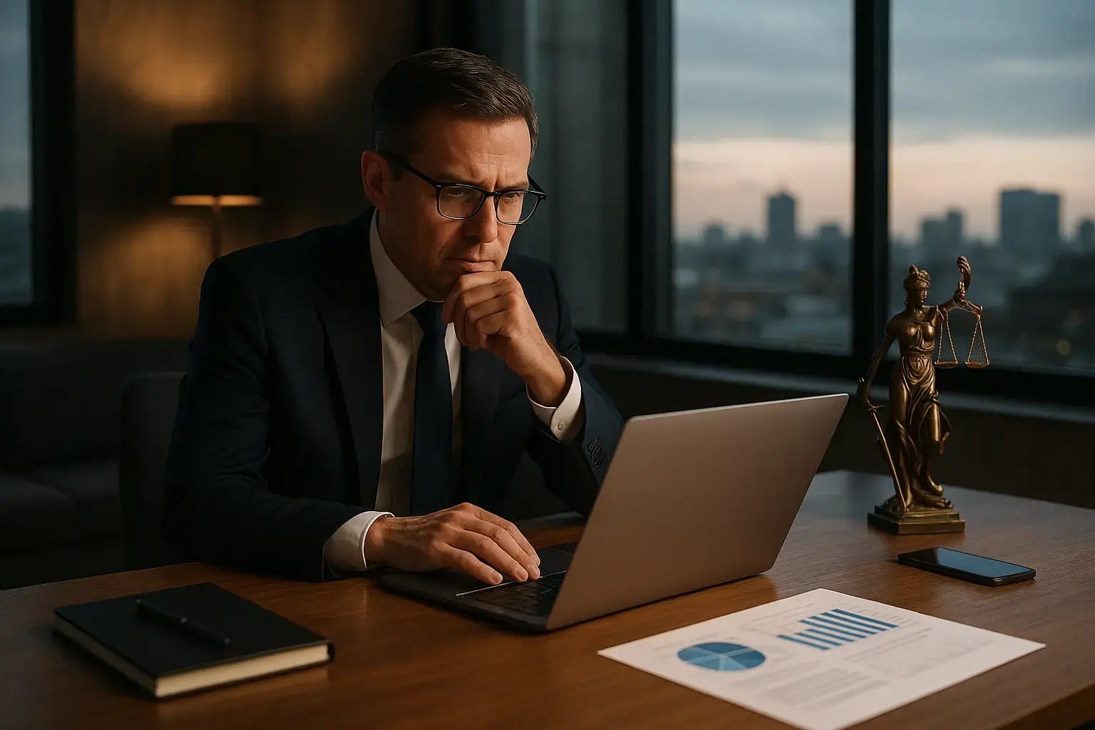 Ein Anwalt arbeitet konzentriert am Laptop, während er über wichtige juristische Entscheidungen nachdenkt. Im Hintergrund sind Stadtansichten und die Statue der Justitia sichtbar.