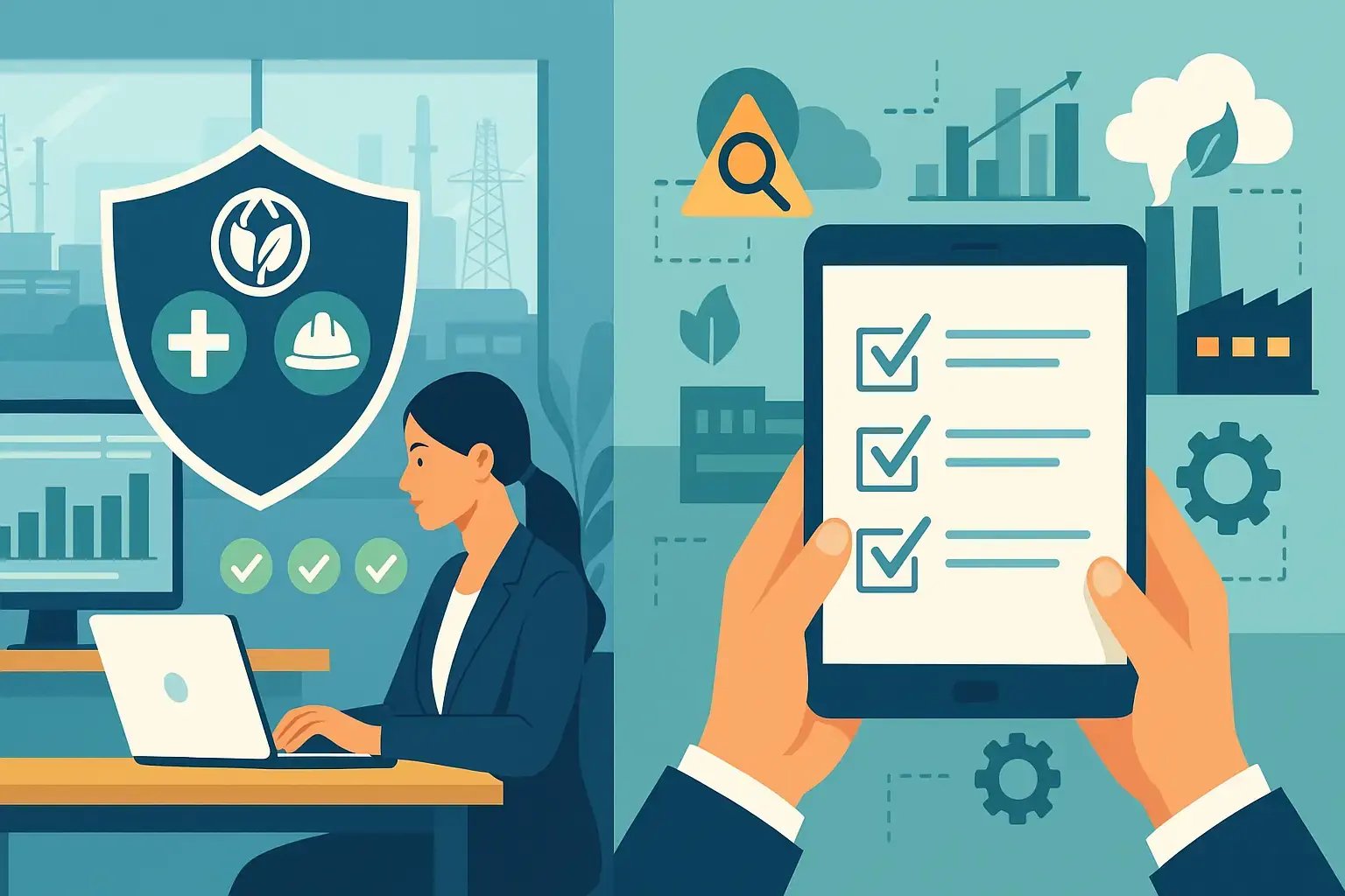 Illustration einer Mitarbeiterin, die am Laptop Arbeitsschutz- und Nachhaltigkeitsdaten analysiert, daneben Checklisten-Symbole und Industrieszenen.