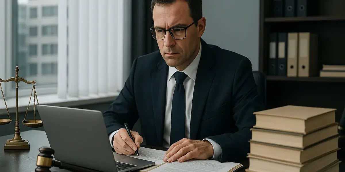Anwalt schreibt an einem Schreibtisch mit Laptop und aufgeschlagenem Gesetzbuch, im Hintergrund Bücherregal.