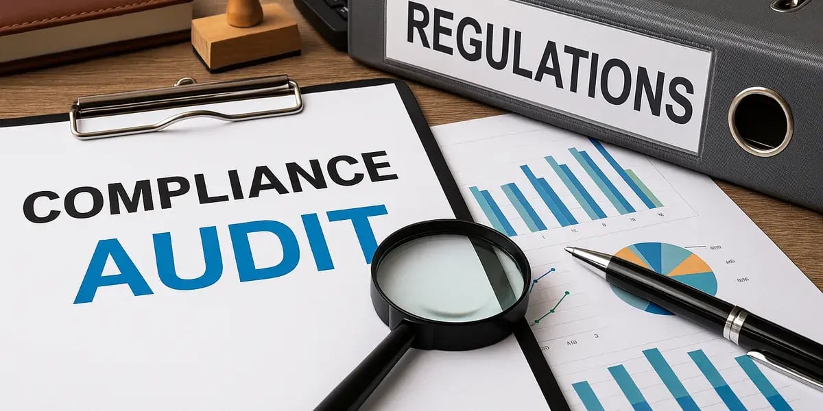 Schreibtisch mit Klemmbrett „Compliance Audit“, Lupe, Diagrammen und Ordner mit Aufschrift „Regulations“