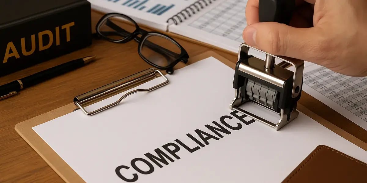 Hand stempelt „Compliance“-Dokument auf Schreibtisch mit Brille, Ordner, Diagrammen und Schreibutensilien.