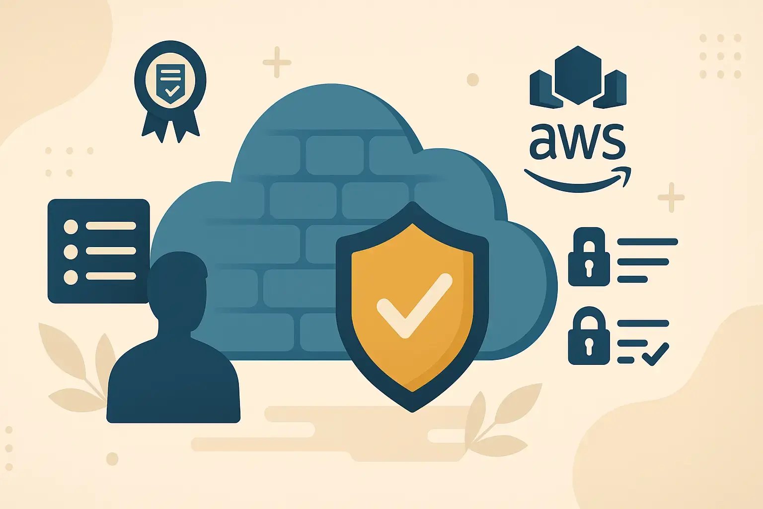 Grafische Darstellung von AWS-Cloud-Sicherheit mit Schutzschild, Mauer, Checklistensymbolen und Benutzericon.