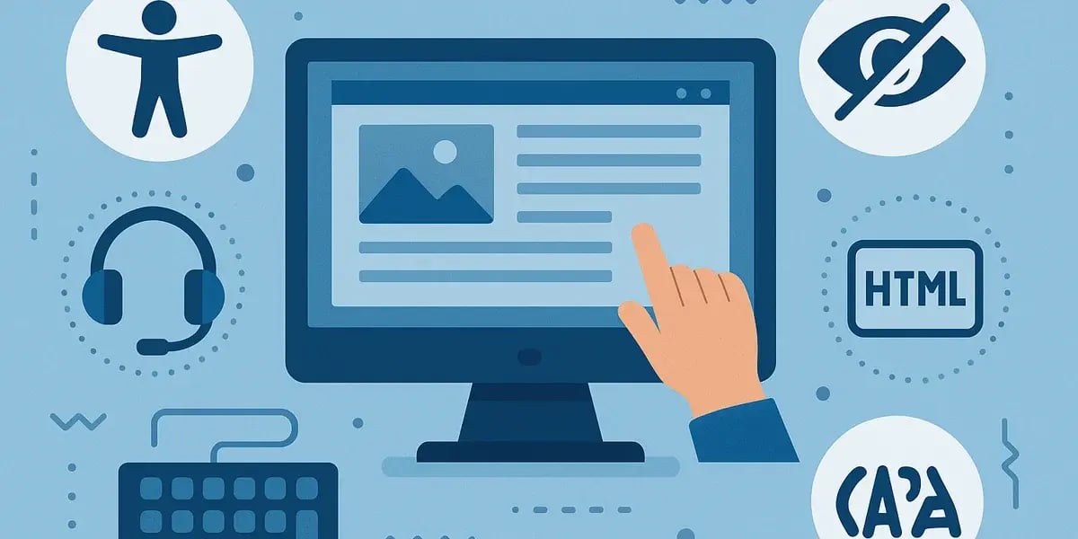 Bildschirm mit Hand, Symbolen für Barrierefreiheit, HTML, Screenreader und Tastatur – Darstellung barrierefreier Webinhalte.