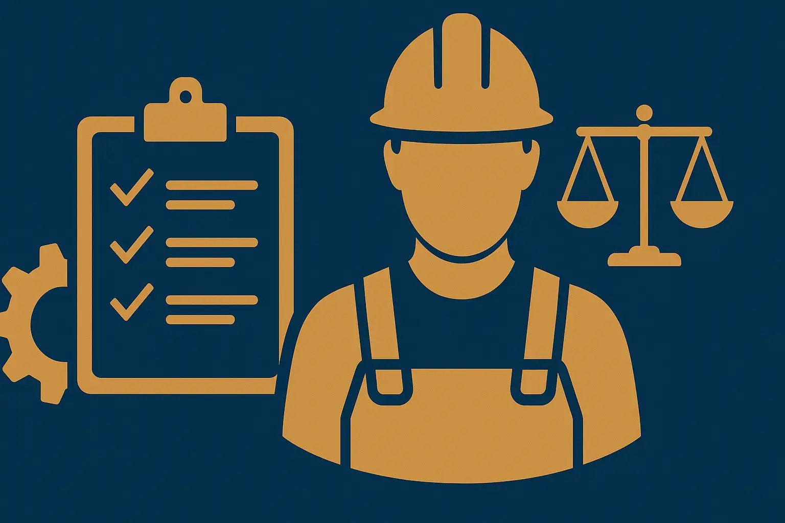 Grafik eines Bauarbeiters mit Clipboard und Waage, symbolisiert Arbeitssicherheit.