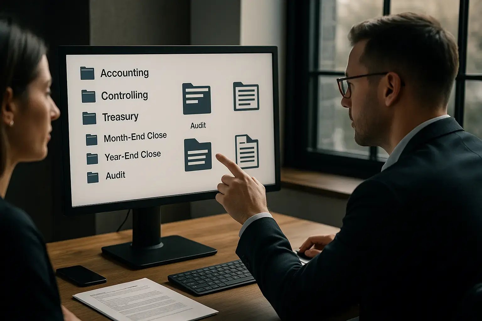 Zwei Personen besprechen Dokumente und Listen auf einem Bildschirm.