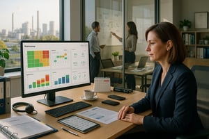 Mitarbeiterin analysiert am Schreibtisch eine Risikokarte und KPI-Dashboards auf dem Monitor, während im Hintergrund Kollegen Prozesse am Whiteboard besprechen.