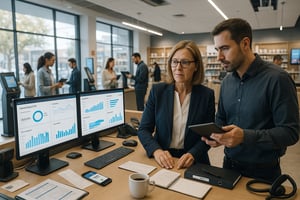Zwei Mitarbeitende analysieren an einem Arbeitsplatz KPI-Dashboards auf zwei Monitoren und prüfen Daten auf einem Tablet, während im Hintergrund ein Team im Büro arbeitet.
