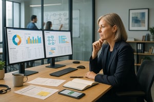 Fachkraft im Büro analysiert auf zwei Monitoren ein KPI-Dashboard mit Diagrammen, Tabellen und Prozessübersicht; im Hintergrund ein Meetingraum.