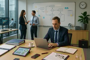Mitarbeiter arbeitet im Büro am Laptop mit Auswertungen und Notizen auf dem Tisch, im Hintergrund besprechen Kollegen ein Prozessdiagramm am Whiteboard.