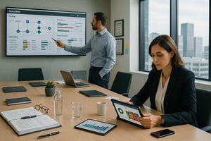 Mitarbeiterin wertet am Konferenztisch ein Dashboard auf dem Tablet aus, während im Hintergrund ein Kollege Kennzahlen und Prozessstatus auf einem Bildschirm präsentiert.