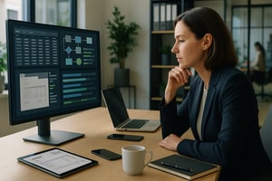 Mitarbeiterin analysiert am Schreibtisch ein Dashboard mit Prozess- und Rechnungsdaten auf dem Monitor, daneben liegen Tablet mit Dokument, Laptop und Notizbuch.