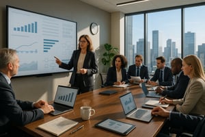 Präsentation im Meetingraum: eine Mitarbeiterin erläutert KPI- und Prozessdiagramme am großen Bildschirm, während das Team am Tisch mit Laptops die Ergebnisse bespricht.