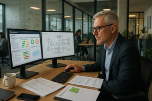 Mitarbeiter analysiert am Schreibtisch ein Compliance-Dashboard und ein Prozessdiagramm auf zwei Monitoren, während Dokumente und Notizen zur Prüfung bereitliegen.