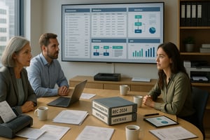 Drei Personen sitzen im Besprechungsraum und besprechen Dokumente und Kennzahlen, im Hintergrund zeigt ein Bildschirm Workflow- und KPI-Übersichten.