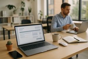 Laptop auf Schreibtisch zeigt eine digitale Rechnung oder Formularansicht, im Hintergrund arbeitet ein Mitarbeiter mit Kaffee am Laptop im Büro.