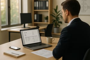 Mitarbeiter sitzt im Büro am Schreibtisch und prüft am Laptop eine Rechnung in Tabellenform, daneben liegen Notizbuch, Smartphone und Unterlagen.