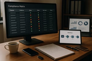 Monitor zeigt eine Compliance-Matrix mit Statusanzeigen, daneben Tablet mit Workflow-Diagramm auf einem Schreibtisch mit Notizbuch, Smartphone und Kaffee.