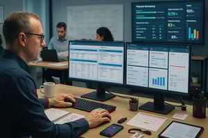 Mitarbeiter überwacht im Büro ein Finanz- und Prozess-Dashboard auf zwei Monitoren, während im Hintergrund Kennzahlen auf einem großen Screen angezeigt werden.