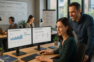 Mitarbeiterin arbeitet am Monitor an E-Invoicing-Dashboard und Approval-Workflow, während ein Kollege im Büro daneben steht und unterstützt.