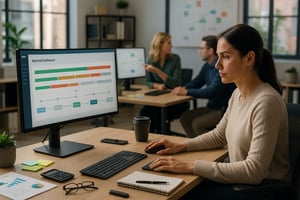 Mitarbeiterin arbeitet am Schreibtisch an einem Approval-Dashboard mit Prozessstatus und Freigabeschritten auf dem Monitor, im Hintergrund besprechen Kollegen einen Ablaufplan.