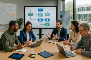 Teammeeting im Besprechungsraum mit Prozessdiagramm auf großem Bildschirm, während Mitarbeitende an Laptops gemeinsam Workflow-Schritte diskutieren.