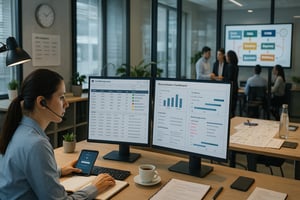 Mitarbeiterin mit Headset arbeitet am Schreibtisch mit zwei Monitoren für Cash-Management und Reconciliation-Dashboard, im Hintergrund Besprechung im Büro.