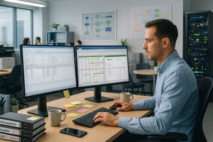 Mitarbeiter arbeitet im Büro an zwei Monitoren mit Tabellen und Finanzdaten, auf dem Schreibtisch liegen Notizzettel und Unterlagen zur Buchhaltung.
