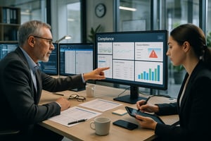 Zwei Mitarbeitende prüfen an einem Monitor ein Compliance-Dashboard mit Audit- und Zugriffskennzahlen, während Notizen und Dokumente am Schreibtisch bearbeitet werden.
