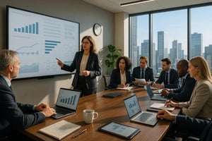 Präsentation im Meetingraum: eine Mitarbeiterin erläutert KPI- und Prozessdiagramme am großen Bildschirm, während das Team am Tisch mit Laptops die Ergebnisse bespricht.
