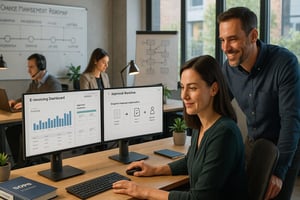 Mitarbeiterin arbeitet am Monitor an E-Invoicing-Dashboard und Approval-Workflow, während ein Kollege im Büro daneben steht und unterstützt.