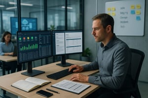 Mitarbeiter analysiert im Büro ein Finanz- und Performance-Dashboard auf zwei Monitoren, daneben liegen Notizbuch und Berichtsdokumente auf dem Schreibtisch.