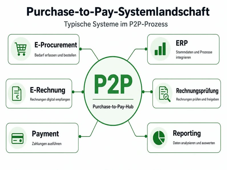 Purchase-to-Pay-Systemlandschaft mit E-Procurement, ERP, E-Rechnung, Rechnungsprüfung, Payment und Reporting